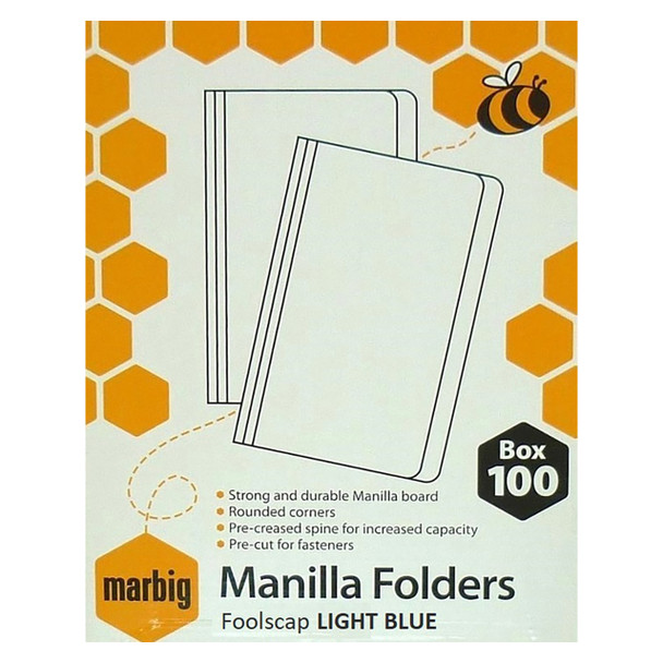 Marbig Manilla Folder Foolscap Light Blue Box of 100