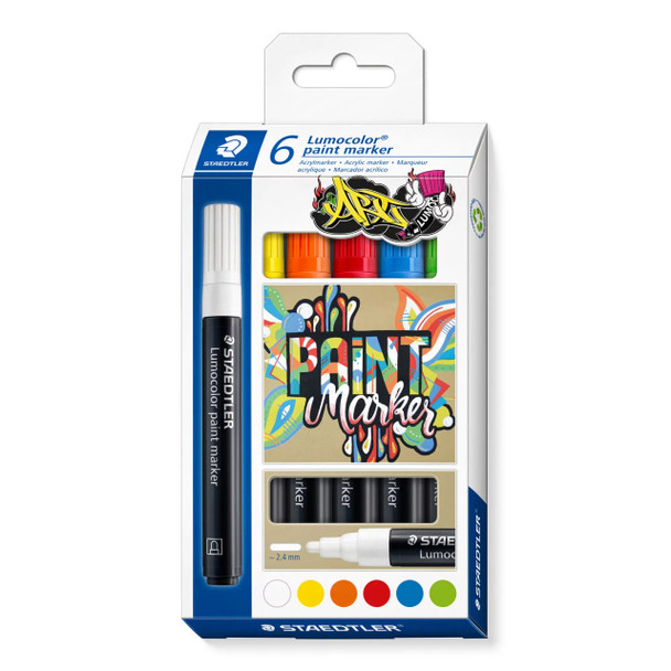 Staedtler 349 Lumocolor Paint Acrylic Marker with Bullet Tip Assorted Colours Pack of 6 | Mega Office Supplies