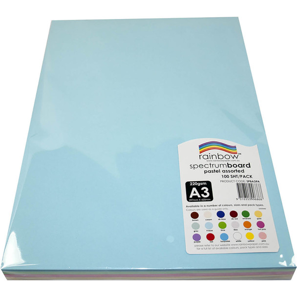 Rainbow Spectrum Board A3 220gsm Pastel Assorted Pack of 100
