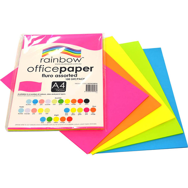 Rainbow Office Paper A4 75gsm Fluoro Assorted Pack of 100