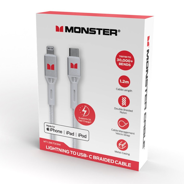 Monster White Lightning to USB-C Braided Cable 1.2m