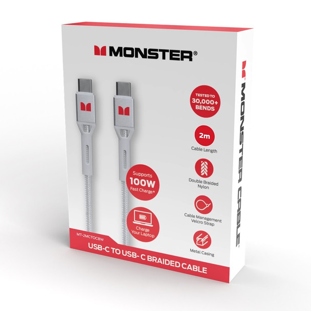 Monster White USB-C to USB-C Braided Cable 2m