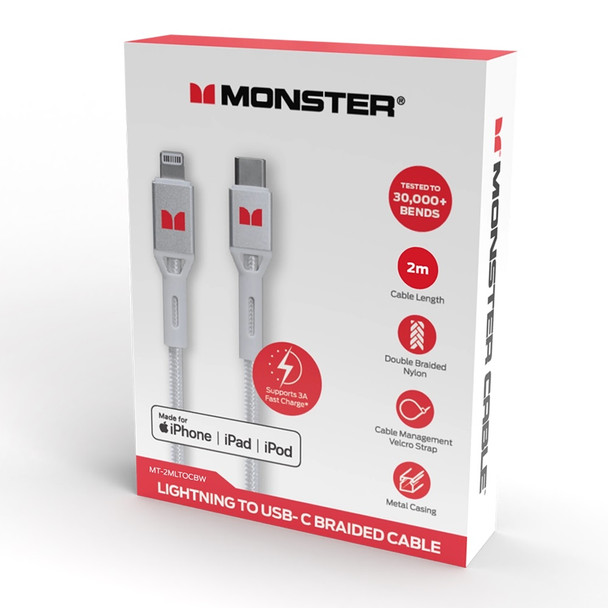 Monster White Lightning to USB-C Braided Cable 2m