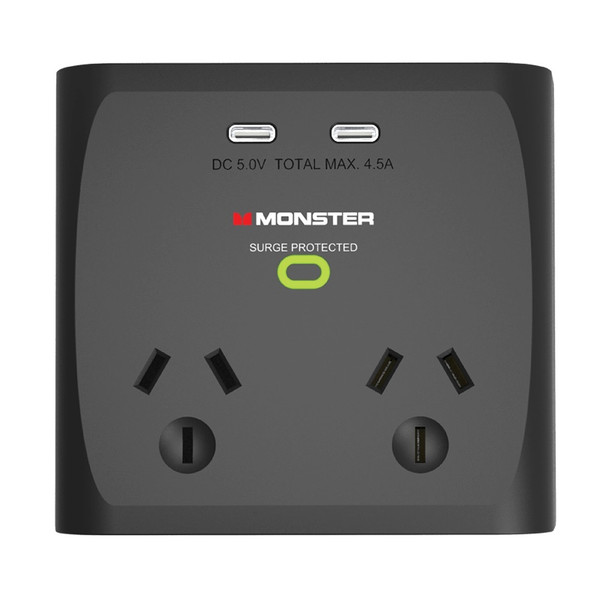 Monster Dual Socket Surge Protector with Dual USB-C Ports - Black | Mega Office Supplies