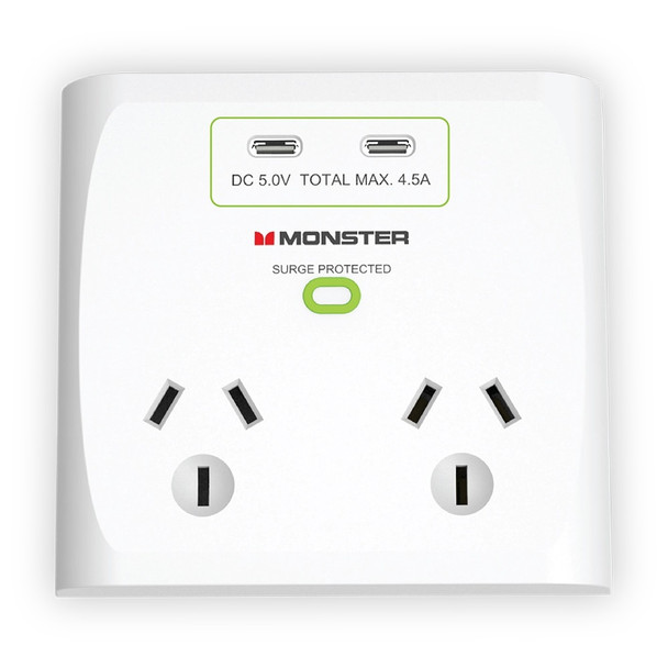 Monster Dual Socket Surge Protector with Dual USB-C Ports White