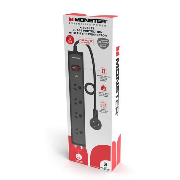 Monster Black 4 Socket Surge Protector with F-Type Connectors