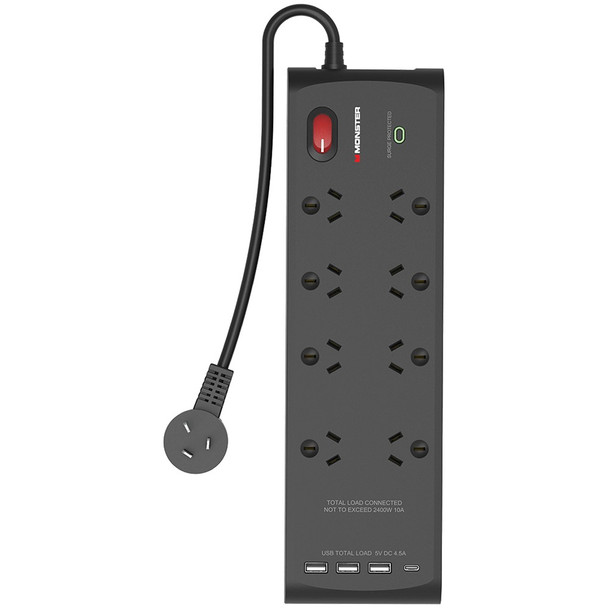 Monster 8 Socket Surge Protector with USB-C and USB-A Ports Black