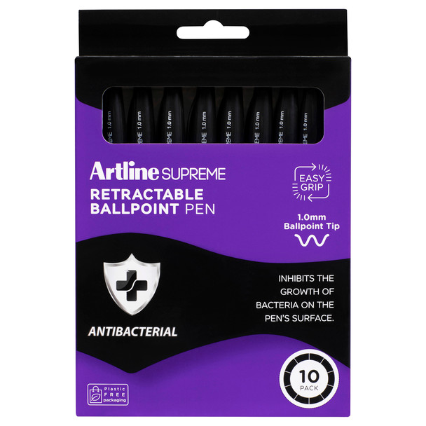 Artline Supreme Retractable Antibacterial Ballpoint Pen 1.0mm Core Black Pack 10 | Mega Office Supplies