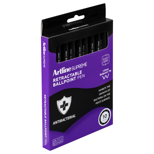 Artline Retractable Antibacterial Ballpoint Pen 1.0mm Core Black Pack 10 Supreme | Mega Office Supplies