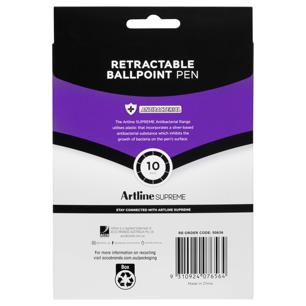 Artline 1.0mm Core Black Supreme Retractable Antibacterial Ballpoint Pen Pack 10 | Mega Office Supplies