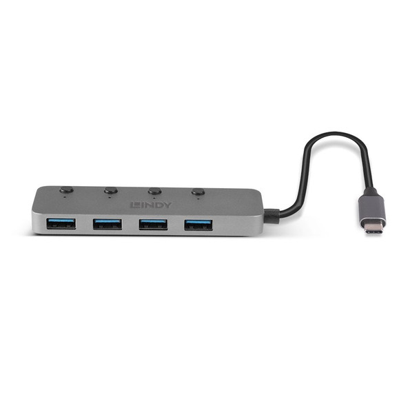 Lindy Grey 4 Port USB 3.2 Type C Hub with On/Off Switches
