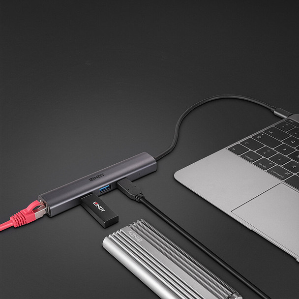 Lindy Type C 3 Port USB 3.2 Gen 2 Hub with Gigabit Ethernet | Mega Office Supplies