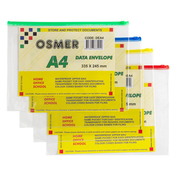 Osmer Data Envelope A4 Assorted Colour Slide Zip 33.5cm x 24.5cm Pack of 12 | Mega Office Supplies