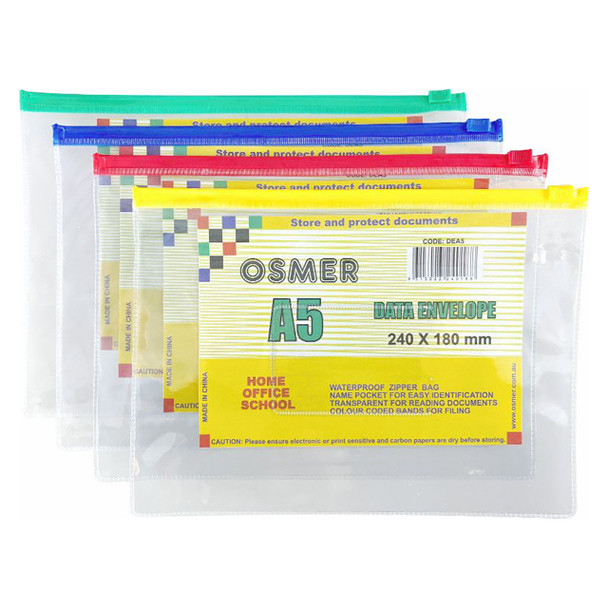 Osmer Data Envelope A5 Assorted Colour Slide Zip 24cm x 18cm Pack of 12 | Mega Office Supplies
