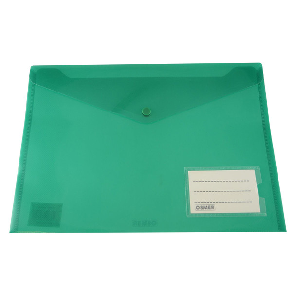 Osmer Document Wallet A4 with Button Closure and Name Pocket Tinted Green Pack of 12 | Mega Office Supplies
