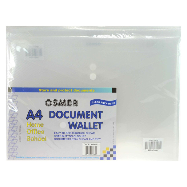 Osmer Document Wallets A4 with Button Closure Clear Pack of 10 | Mega Office Supplies