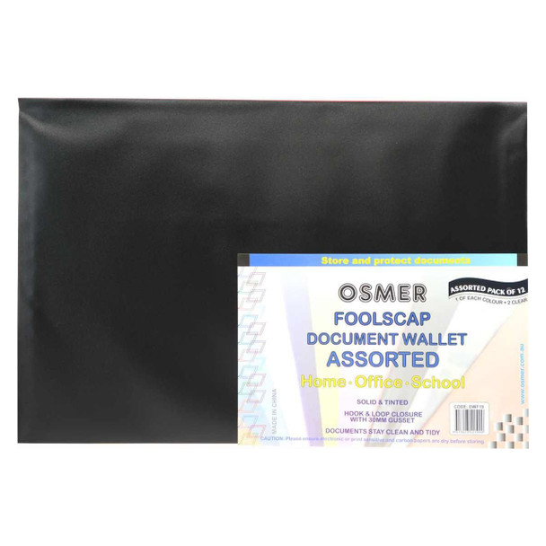 Osmer Document Wallet Foolscap with Gusset and Velcro Closure Assorted Pack of 12 | Mega Office Supplies