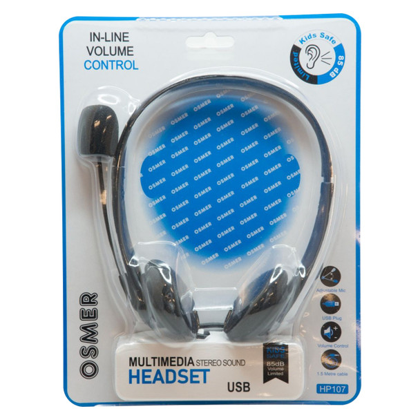 Osmer Headphone with Mic Mute Function and Volume Control USB Plug Black | Mega Office Supplies