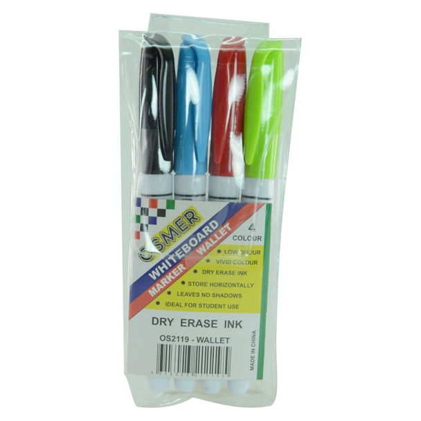 Osmer Whiteboard Marker Fine Bullet Tip Assorted Wallet of 4 Pack of 12