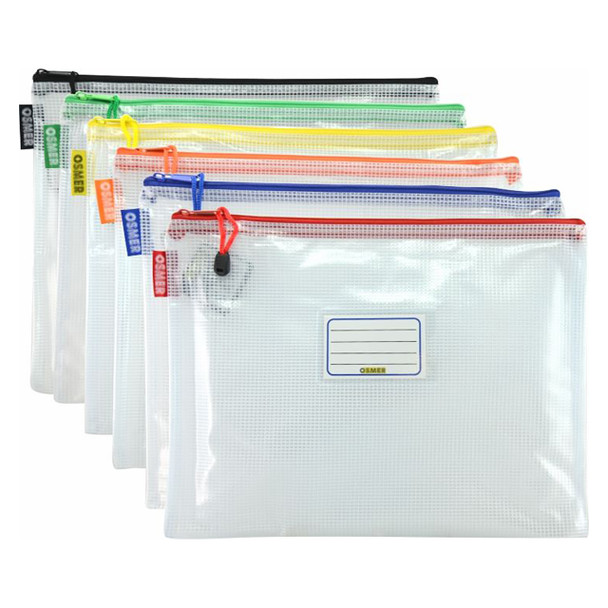 Osmer Mesh Case Clear A4 36cm x 27cm Assorted Zip Pack of 12 | Mega Office Supplies