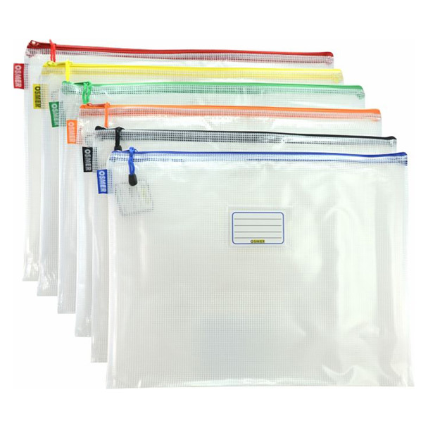 Osmer Mesh Case Clear A3 46.5cm x 35.5cm Assorted Zip Pack of 12 | Mega Office Supplies