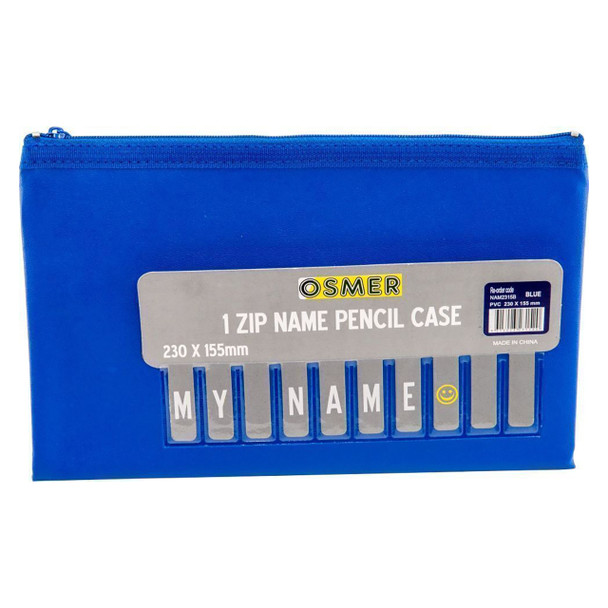 Osmer Cloth Backed PU Pencil Case 1 Zip with Alphabet Name Card Insert 23cm x 15.5cm Blue Pack of 6 | Mega Office Supplies