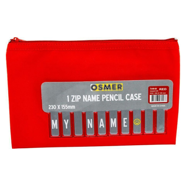 Osmer Cloth Backed PU Pencil Case 1 Zip with Alphabet Name Card Insert 23cm x 15.5cm Red Pack of 6 | Mega Office Supplies