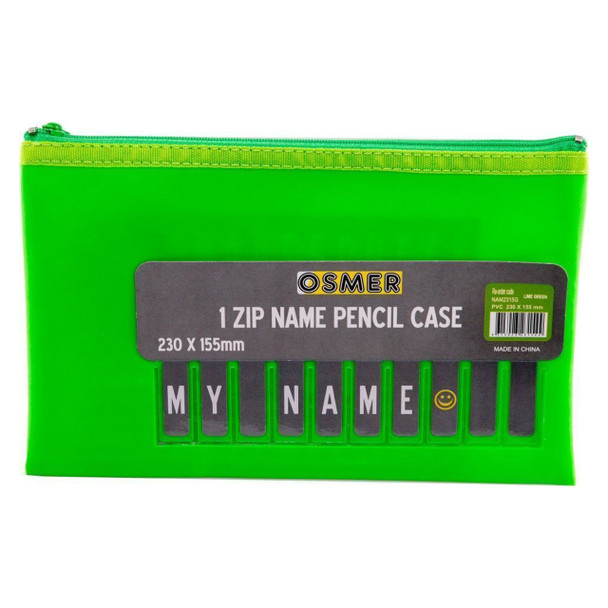 Osmer Cloth Backed PU Pencil Case 1 Zip with Alphabet Name Card Insert 23cm x 15.5cm Green Pack of 6 | Mega Office Supplies