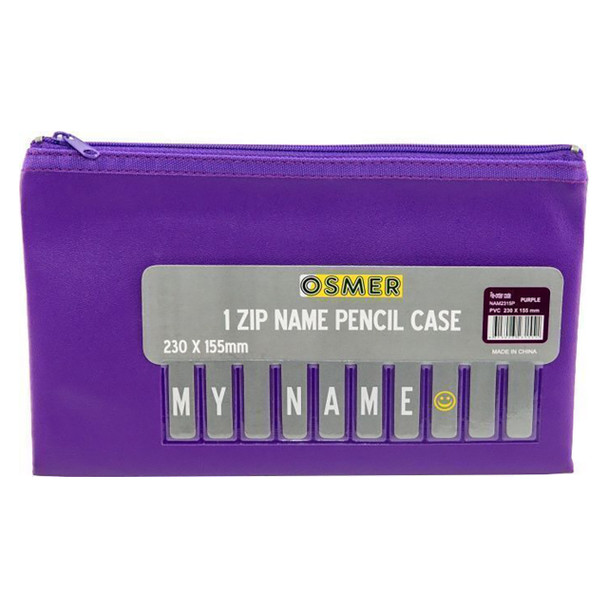 Osmer Cloth Backed PU Pencil Case 1 Zip with Alphabet Name Card Insert 23cm x 15.5cm Purple Pack of 6 | Mega Office Supplies