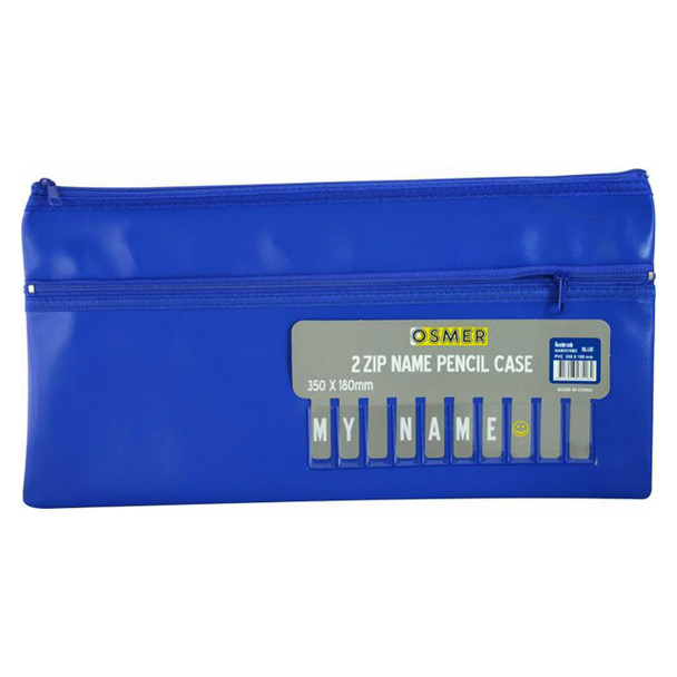 Osmer Cloth Backed PU Pencil Case 2 Zip with Alphabet Name Card Insert 35cm x 18cm Blue Pack of 6 | Mega Office Supplies