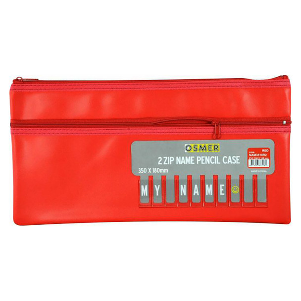 Osmer Cloth Backed PU Pencil Case 2 Zip with Alphabet Name Card Insert 35cm x 18cm Red Pack of 6 | Mega Office Supplies