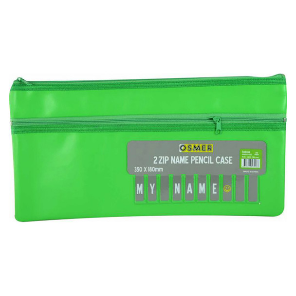 Osmer Cloth Backed PU Pencil Case 2 Zip with Alphabet Name Card Insert 35cm x 18cm Green Pack of 6 | Mega Office Supplies