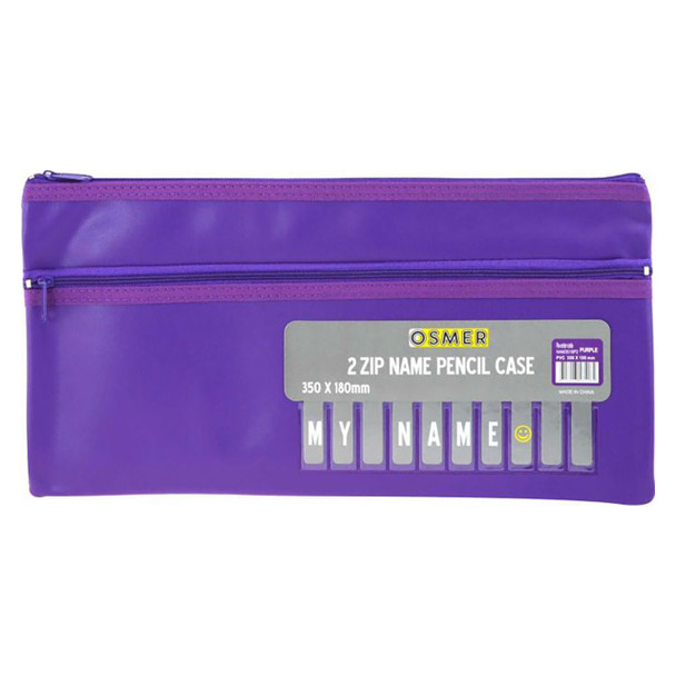 Osmer Cloth Backed PU Pencil Case 2 Zip with Alphabet Name Card Insert 35cm x 18cm Purple Pack of 6 | Mega Office Supplies