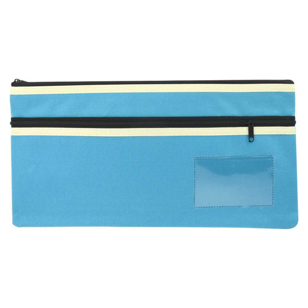 Osmer Polyester Pencil Case 2 Zip with Name Card Insert 35cm x 18cm Light Blue Pack of 6 | Mega Office Supplies
