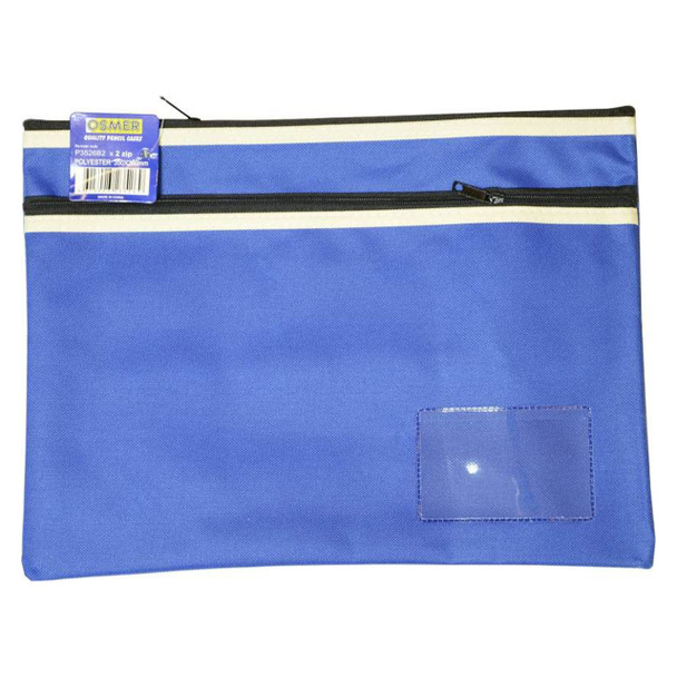 Osmer Polyester Pencil Case 2 Zip with Name Card Insert 35cm x 26cm Blue Pack of 6 | Mega Office Supplies