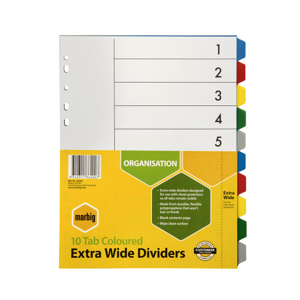 Marbig Indices and Dividers 10 Tab PP A4 Extra Wide Multi Colour