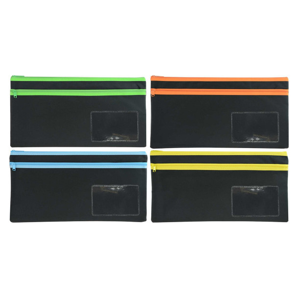 Osmer Polyester Pencil Case 2 Zip with Name Card Insert 35cm x 18cm Black Assorted Trims Pack of 12 | Mega Office Supplies
