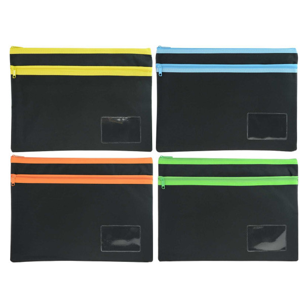 Osmer Polyester Pencil Case 2 Zip with Name Card Insert 35cm x 26cm Black Assorted Trims Pack of 12 | Mega Office Supplies
