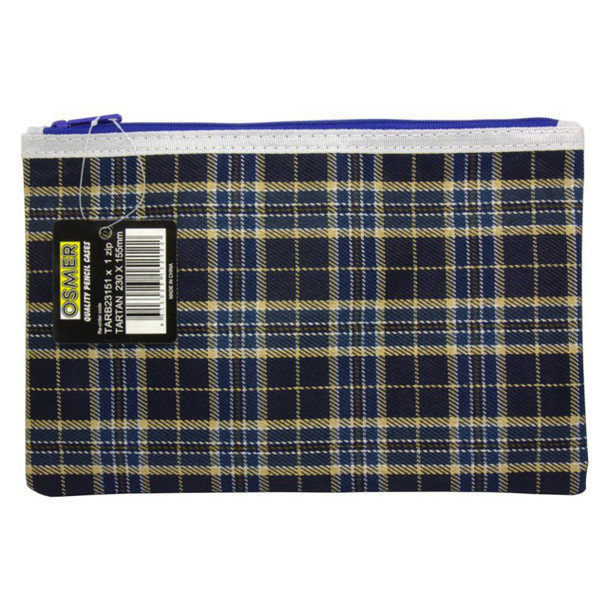 Osmer Tartan Polyester Pencil Case 1 Zip with Reinforced Ends 23cm x 15cm Blue Design Pack of 12 | Mega Office Supplies