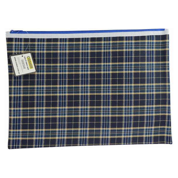 Osmer Tartan Polyester Pencil Case 1 Zip with Reinforced Ends 37.5cm x 26cm Blue Design Pack of 12 | Mega Office Supplies