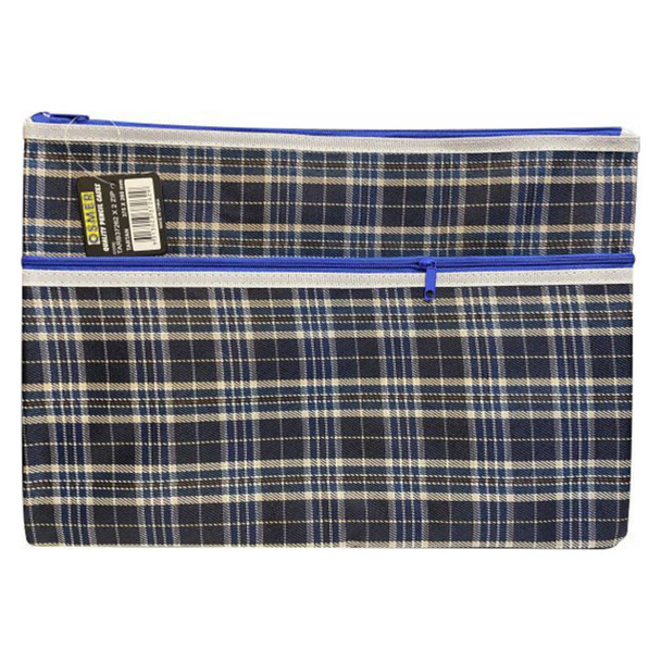 Osmer Tartan Polyester Pencil Case 2 Zip with Reinforced Ends 37.5cm x 26cm Blue Design Pack of 12 | Mega Office Supplies