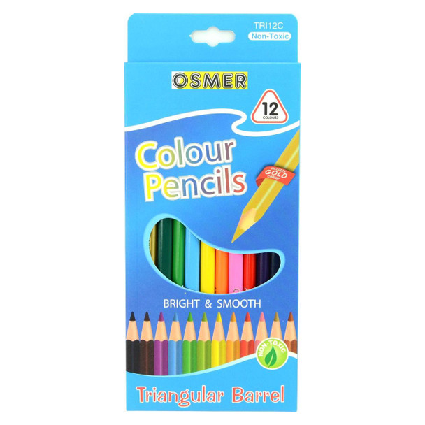 Osmer Triangular Wood Case Colour Pencils Assorted Pack 12 Box of 12 | Mega Office Supplies