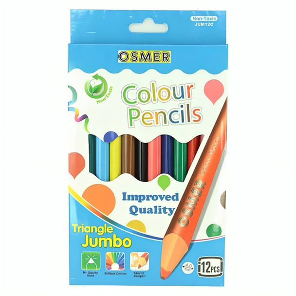 Osmer Jumbo Triangular Wood Case Colour Pencils Assorted Pack 12 Box of 8 | Mega Office Supplies