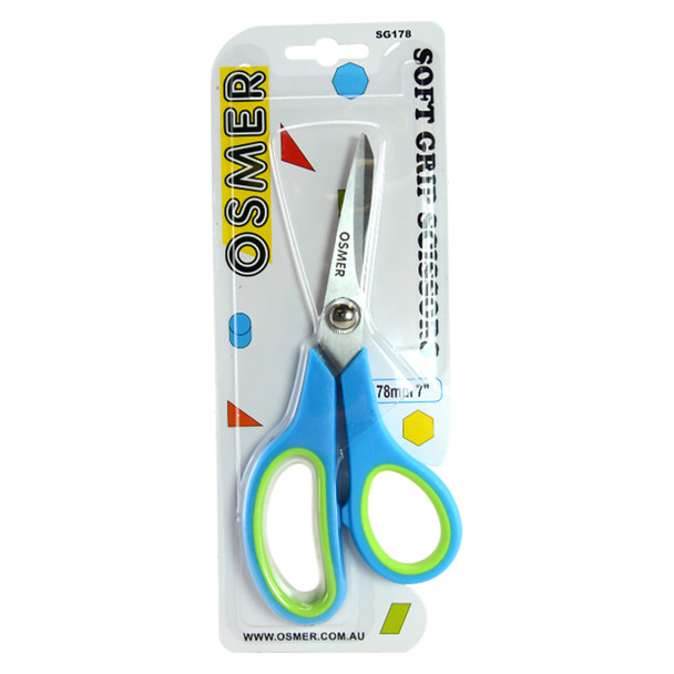 Osmer Soft Grip Scissors 178mm Green and Blue Offset Handle Hangsell Pack of 12