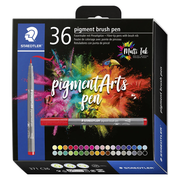 Staedtler 371 Pigment Arts Brush Pen Assorted Colours Pack of 36 | Mega Office Supplies
