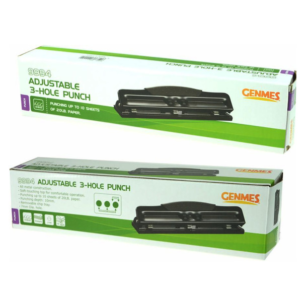 Osmer Genmes Metal Adjustable 3 Hole Punch 10 Sheet Capacity Black