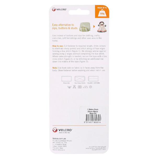 Osmer Velcro Brand 25mm x 1m Sew On Hook and Loop Tape Black