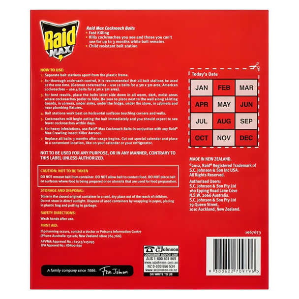 Raid 2.5g Max Cockroach Baits Pack of 12 x 6