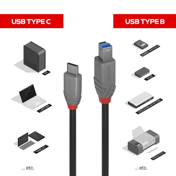 USB 3.2 Type C to B Cable 5Gbps Anthra Line Lindy 3m