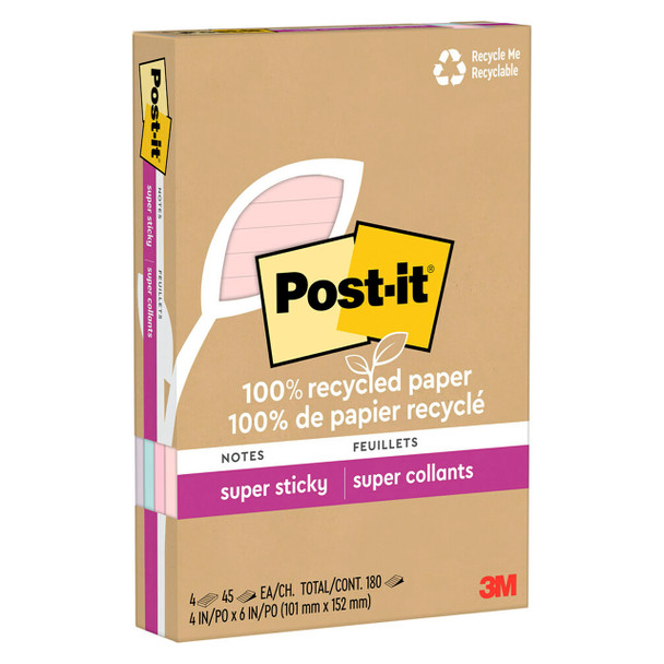 Post-it Super Sticky Notes Lined Assorted Pastels 101 x 152mm Pack of 4 4621R-4SSNRP